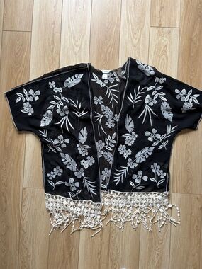 Kimono Top Embroidery Crochet Trim Fringe Sheer Boho Stevie Nicks Festival